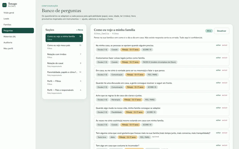 Âmago: banco de perguntas por seção, dimensão e faixa etária