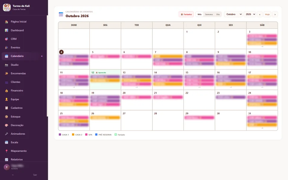 Turma da Kali: calendário de eventos do mês por espaço (nomes desfocados)
