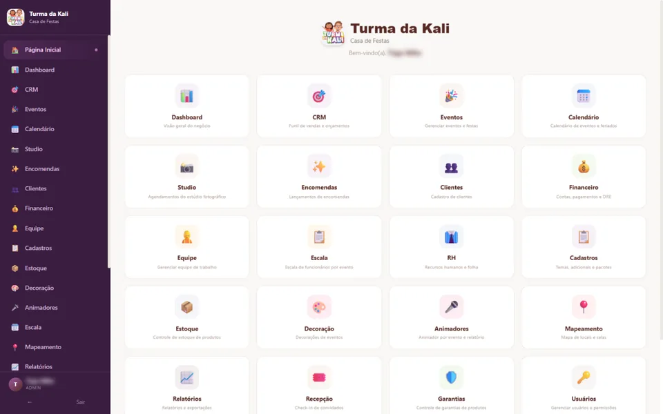 Turma da Kali: página inicial com os módulos do sistema