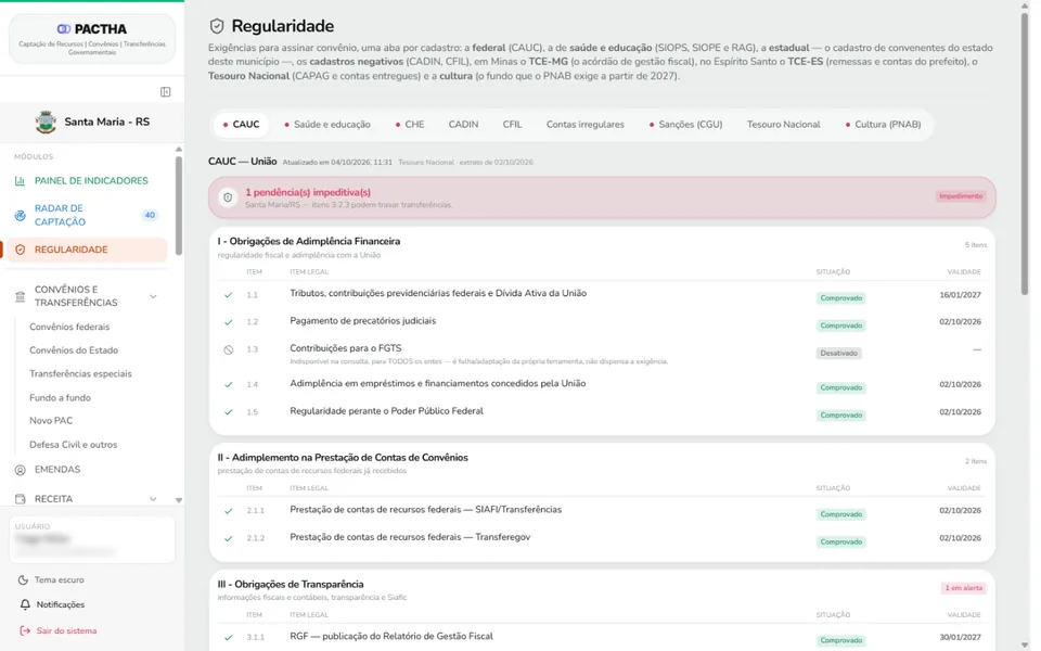 PACTHA: regularidade do município no CAUC